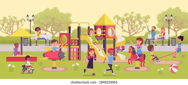 Kids Playing In The Playground, Fun And Leisure Outside. Physically Active Happy Children Spend Free Time In Park Or Recreation Area, Playtime Family Fun. Vector Flat Style Cartoon Illustration