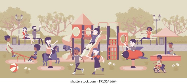 Kids playing in the playground, fun and leisure outside. Physically active happy children spend free time in park or recreation area, playtime family fun. Vector creative stylized illustration