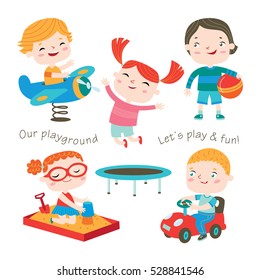 Kids are playing at the playground. Outdoor activities. Happy childhood. Vector set on a white background.