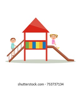 Kids playing playground slider cartoon style, vector art isolated on white.