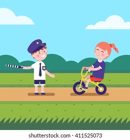 Kids playing police traffic officer regulating bike riding road. Girl and boy playing games caharacters. Modern flat vector illustration clipart.