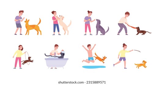 Kids playing with puppies. Cartoon children owner of cute dog, boy and girl play ball feed walk or teach to licking pets kid animals puppy care splendid vector illustration of owner with puppy and dog