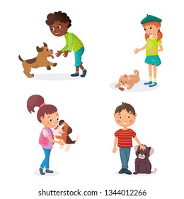 Kids are playing with puppies. Happy boys and girls have games with cute little dogs. Friendship concept. Vector cartoon illustration.