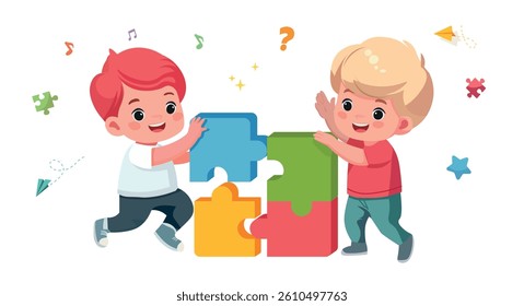 kids are playing puzzle education logic development banner vector design