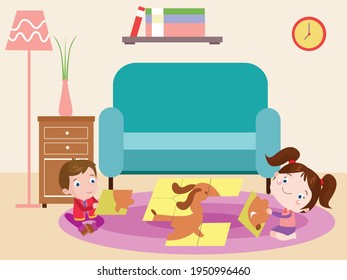 Kids playing with puzzle vector concept for banner, website, illustration, landing page, flyer, etc.