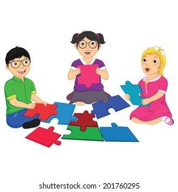 Kids Playing Puzzle Vector Illustration