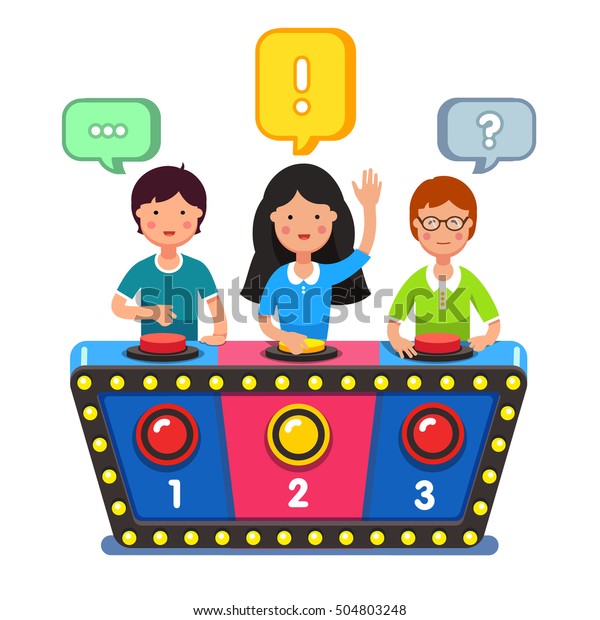Kids playing quiz\
game answering questions standing at the stand with buttons. Girl\
pressed the buzzer first and raised hand up. Colorful flat style\
cartoon vector\
illustration.