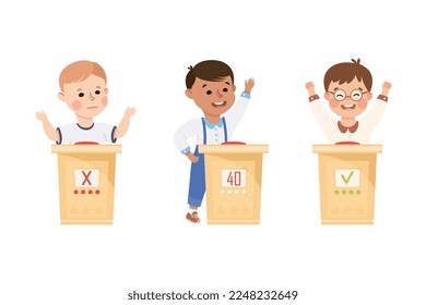 Kids Playing Quiz Game or Mind Sport Standing at Press Button Answering Question Vector Set