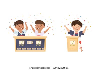 Kids Playing Quiz Game or Mind Sport Standing at Press Button Answering Question Vector Set