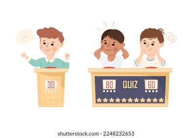 Kids Playing Quiz Game or Mind Sport Standing at Press Button Answering Question Vector Set