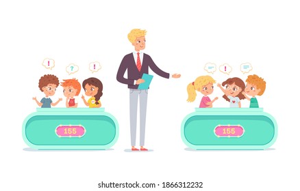 Kids Playing Quiz Game With Show Host. Smart Children In Teams Discussing Answers To Question In Competition, Host Standing, Score On Boards. Television Trivia Show Vector Illustration.