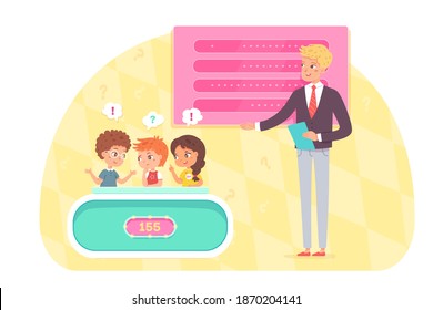 Kids playing quiz game with show host. Smart children in teams discussing answers to question in competition, host standing, score on boards. Television trivia show vector illustration.