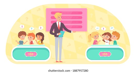 Kids playing quiz game with show host. Smart children in teams discussing answers to question in competition, host standing, score on boards. Television trivia show vector illustration.