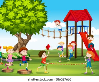 Kids playing   racing in the playground illustration