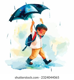 Kids playing in the rain watercolour illustration vector 