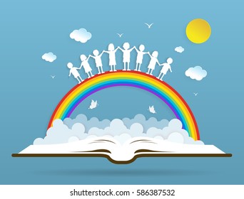 Kids Playing With The Rainbow On Book,paper Art Style