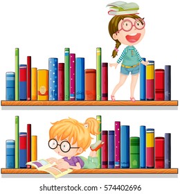Kids playing and reading on a bookshelf