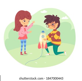Kids playing with rocket outdoors. Boy and girl launching toy rocket into sky. Weekend summer hobby activities vector. Smart children having fun in park or garden illustration.