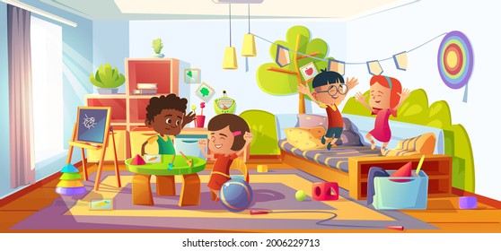 Kids playing in room, children in home, kindergarten, nursery or day care center interior jumping on bed, play boardgames or toys. Multiracial babies friends indoor games, Cartoon vector illustration