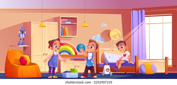 Kids playing in room, children at home interior with bed, furniture and toys scatter on floor. Little brothers with sister or friends indoor game, fun, recreation, Cartoon vector illustration