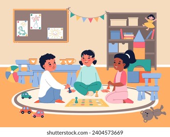 Kids playing in room. Little children move chips around map, primary school and kindergarten, cute friends play group game, girls and boy sitting on carpet cartoon flat illustration, vector concept