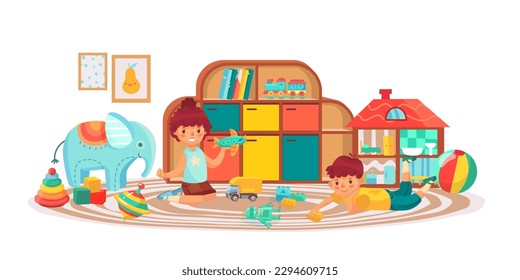 Kids in playing room with toys, boy and girl play with toys in kids room, vector cartoon kindergarten illustration