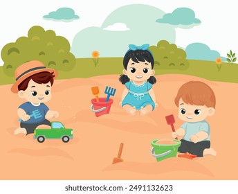 kids are playing in the sandbox in recreation park Funny cartoon characters boys and girl vector cartoon illustration  flat  design 