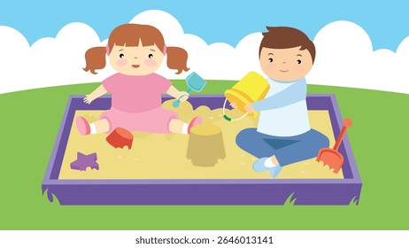 Kids playing in sandbox vector illustration. Boy and girl having fun on playground.