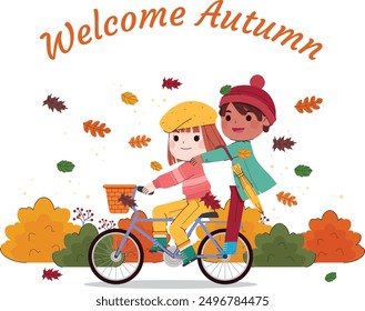 Kids playing and say welcome to Autumn Season vector illustrator