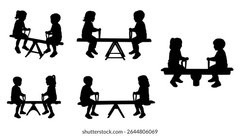 Kids playing seesaw silhouette, Little boy and girl swinging seesaw, happy, kids