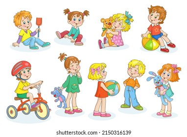 Kids are playing. Set of cute little children with their favorite toys. In cartoon style. Isolated on white background. Vector illustration.