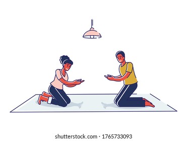 Kids Playing Shadow Hand Animal Puppet Theater Sitting On Floor Together Imagining Silhouette Pets Figures. Child Imagination Concept. Line Art Vector Illustration