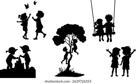 Kids Playing Silhouette Vector Set of Childhood Fun, Friendship, and Outdoor Activities
