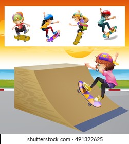 Niños jugando al skatboard en la ilustración de la rampa