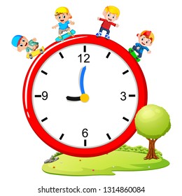 Kids playing skateboard and roller skate on giant clock