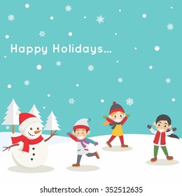 Kids Playing Snow with Cute Snowman in Winter