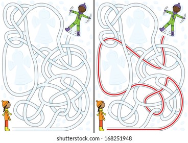 Kids playing in the snow - maze for kids with a solution