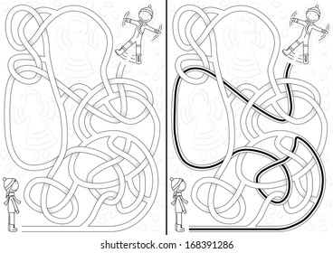 Kids playing in the snow - maze for kids with a solution in black and white