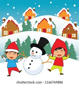 kids  playing in the snow with snowman cartoon character. vector illustration 
