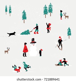 KIDS PLAYING IN THE SNOW, WINTER CHRISTMAS PATTERN. Editable and repeatable design pattern or greeting card for the holidays. Vector illustration file.