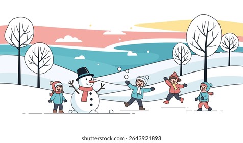 Crianças Jogando Snowball Luta com Snowman no inverno Plano minimalista Vetor Design