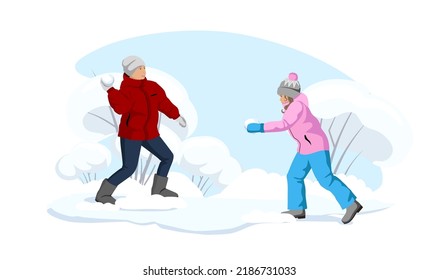 Kids playing snowball fight wintertime game. Children enjoy cold weather outdoor in park. Young boy and girl winter season holiday activity. Cartoon Vector illustration Isolated on white background.