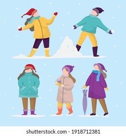 Kids are playing in the snowfall, flat illustration with snowfall background