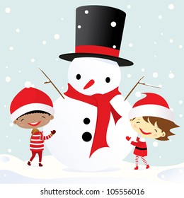 Kids playing with Snowman - design element , vector illustration