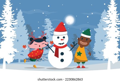 Kids Playing Snowman Pine Tree Winter Christmas Illustration