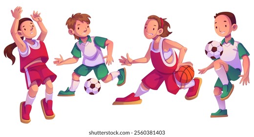 Kids playing soccer and basketball set isolated on white background. Vector cartoon illustration of happy teen boys and girls kicking and dribbling ball, team sports game, active healthy lifestyle