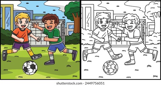 Kids Playing Soccer Coloring Colored Illustration