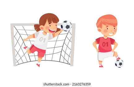 Kids playing soccer. Cute girl and boy training with ball cartoon vector illustration