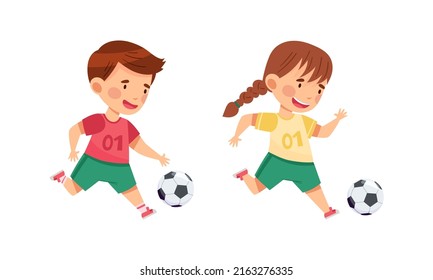 Kids playing soccer. Cute little girl and boy running with ball cartoon vector illustration