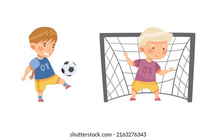 Kids playing soccer. Little boys training with ball cartoon vector illustration